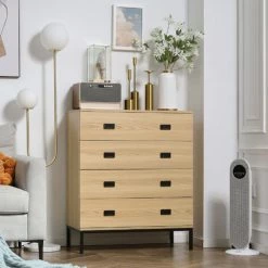 HOMCOM Commode Style Industriel - 4 Tiroirs - Dim. 80L X 39l X 95H Cm - Piètement Poignées Métal Noir Panneaux Aspect Bois Clair - Beige -France HOMCOM Soldes 2022 72276234 2