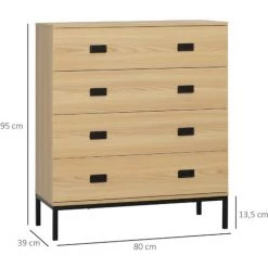 HOMCOM Commode Style Industriel - 4 Tiroirs - Dim. 80L X 39l X 95H Cm - Piètement Poignées Métal Noir Panneaux Aspect Bois Clair - Beige -France HOMCOM Soldes 2022 72276234 3