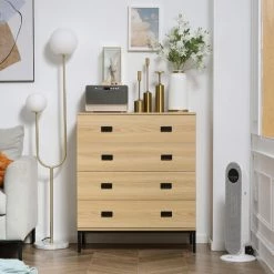 HOMCOM Commode Style Industriel - 4 Tiroirs - Dim. 80L X 39l X 95H Cm - Piètement Poignées Métal Noir Panneaux Aspect Bois Clair - Beige -France HOMCOM Soldes 2022 72276234 4