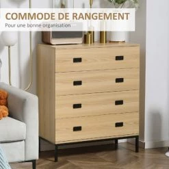 HOMCOM Commode Style Industriel - 4 Tiroirs - Dim. 80L X 39l X 95H Cm - Piètement Poignées Métal Noir Panneaux Aspect Bois Clair - Beige -France HOMCOM Soldes 2022 72276234 5