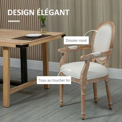 HOMCOM Chaise De Salle à Manger Chaise De Salon Médaillon Style Louis XVI Bois Hévéa Patiné Sculpté Tissu Beige - Beige 7 HOMCOM Chaise De Salle à Manger Chaise De Salon Médaillon Style Louis XVI Bois Hévéa Patiné Sculpté Tissu Beige - Beige – Image 5