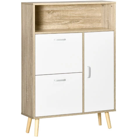 HOMCOM Meuble à Chaussures Design Scandinave Placard 3 Portes 3 étagères Niche Piètement Effilé Incliné Bois Panneaux Aspect Chêne Clair - Beige 3 HOMCOM Meuble à Chaussures Design Scandinave Placard 3 Portes 3 étagères Niche Piètement Effilé Incliné Bois Panneaux Aspect Chêne Clair - Beige