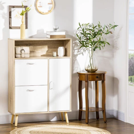 HOMCOM Meuble à Chaussures Design Scandinave Placard 3 Portes 3 étagères Niche Piètement Effilé Incliné Bois Panneaux Aspect Chêne Clair - Beige 4 HOMCOM Meuble à Chaussures Design Scandinave Placard 3 Portes 3 étagères Niche Piètement Effilé Incliné Bois Panneaux Aspect Chêne Clair - Beige – Image 2