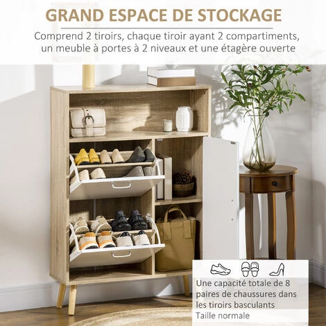 HOMCOM Meuble à Chaussures Design Scandinave Placard 3 Portes 3 étagères Niche Piètement Effilé Incliné Bois Panneaux Aspect Chêne Clair - Beige 6 HOMCOM Meuble à Chaussures Design Scandinave Placard 3 Portes 3 étagères Niche Piètement Effilé Incliné Bois Panneaux Aspect Chêne Clair - Beige – Image 4