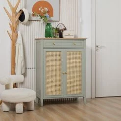 HOMCOM Meuble à Chaussures Style Bohème Chic - 2 Portes 2 étagères Réglables Tiroir - MDF Vert D'eau Aspect Chêne Clair Rotin - Vert 8 HOMCOM Meuble à Chaussures Style Bohème Chic - 2 Portes 2 étagères Réglables Tiroir - MDF Vert D'eau Aspect Chêne Clair Rotin - Vert -France HOMCOM Soldes 2022 72276240 2