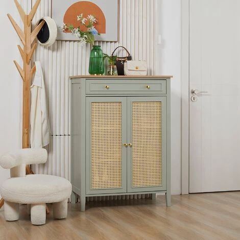 HOMCOM Meuble à Chaussures Style Bohème Chic - 2 Portes 2 étagères Réglables Tiroir - MDF Vert D'eau Aspect Chêne Clair Rotin - Vert 4 HOMCOM Meuble à Chaussures Style Bohème Chic - 2 Portes 2 étagères Réglables Tiroir - MDF Vert D'eau Aspect Chêne Clair Rotin - Vert – Image 2