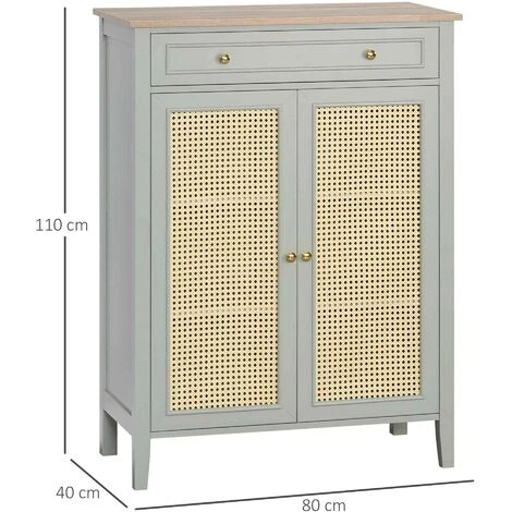 HOMCOM Meuble à Chaussures Style Bohème Chic - 2 Portes 2 étagères Réglables Tiroir - MDF Vert D'eau Aspect Chêne Clair Rotin - Vert 5 HOMCOM Meuble à Chaussures Style Bohème Chic - 2 Portes 2 étagères Réglables Tiroir - MDF Vert D'eau Aspect Chêne Clair Rotin - Vert – Image 3