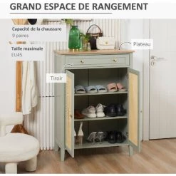 HOMCOM Meuble à Chaussures Style Bohème Chic - 2 Portes 2 étagères Réglables Tiroir - MDF Vert D'eau Aspect Chêne Clair Rotin - Vert 10 HOMCOM Meuble à Chaussures Style Bohème Chic - 2 Portes 2 étagères Réglables Tiroir - MDF Vert D'eau Aspect Chêne Clair Rotin - Vert -France HOMCOM Soldes 2022 72276240 4