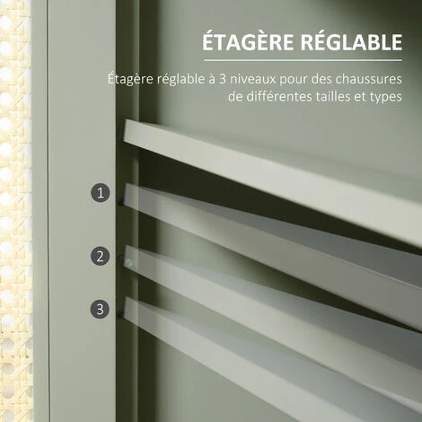 HOMCOM Meuble à Chaussures Style Bohème Chic - 2 Portes 2 étagères Réglables Tiroir - MDF Vert D'eau Aspect Chêne Clair Rotin - Vert 7 HOMCOM Meuble à Chaussures Style Bohème Chic - 2 Portes 2 étagères Réglables Tiroir - MDF Vert D'eau Aspect Chêne Clair Rotin - Vert – Image 5