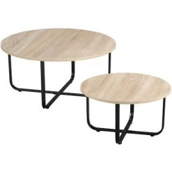 HOMCOM Lot De 2 Tables Basses Gigognes Design Industriel Encastrable Métal Noir MDF Aspect Chêne Clair - Beige