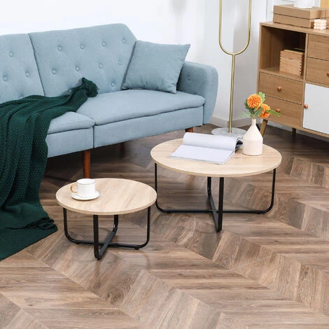 HOMCOM Lot De 2 Tables Basses Gigognes Design Industriel Encastrable Métal Noir MDF Aspect Chêne Clair - Beige 4 HOMCOM Lot De 2 Tables Basses Gigognes Design Industriel Encastrable Métal Noir MDF Aspect Chêne Clair - Beige – Image 2