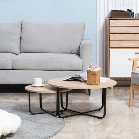 HOMCOM Lot De 2 Tables Basses Gigognes Design Industriel Encastrable Métal Noir MDF Aspect Chêne Clair - Beige 7 HOMCOM Lot De 2 Tables Basses Gigognes Design Industriel Encastrable Métal Noir MDF Aspect Chêne Clair - Beige – Image 5