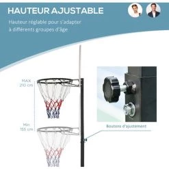 HOMCOM Panier De Basket-Ball Sur Pied Avec Poteau Panneau, Base De Lestage Sur Roulettes Hauteur Réglable 1,9 - 2,5 M Noir Blanc - Blanc -France HOMCOM Soldes 2022 7227809 4