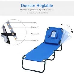 HOMCOM Transat De Jardin Chaise Longue Pliante Bain De Soleil Pour Lecture Bleu - Bleu -France HOMCOM Soldes 2022 723684 4