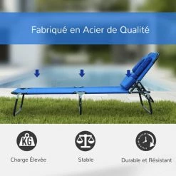 HOMCOM Transat De Jardin Chaise Longue Pliante Bain De Soleil Pour Lecture Bleu - Bleu -France HOMCOM Soldes 2022 723684 5