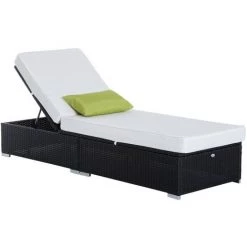 HOMCOM Bain De Soleil Transat Grand Confort 195L X 68l X 31H Cm Dossier Inclinable Multi-positions Matelas épaisseur 10 Cm Crème Résine Tressée 4 Fils Noir