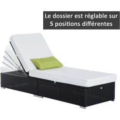 HOMCOM Bain De Soleil Transat Grand Confort 195L X 68l X 31H Cm Dossier Inclinable Multi-positions Matelas épaisseur 10 Cm Crème Résine Tressée 4 Fils Noir -France HOMCOM Soldes 2022 723735 4