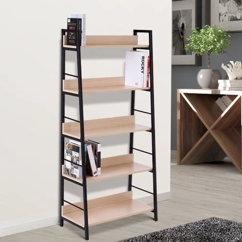 HOMCOM Étagère Bibliothèque Style Industriel Incliné 5 Niveaux 70L X 35l X 150H Cm Coloris Chêne Clair Noir - Beige 4 HOMCOM Étagère Bibliothèque Style Industriel Incliné 5 Niveaux 70L X 35l X 150H Cm Coloris Chêne Clair Noir - Beige – Image 2