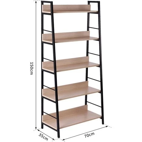 HOMCOM Étagère Bibliothèque Style Industriel Incliné 5 Niveaux 70L X 35l X 150H Cm Coloris Chêne Clair Noir - Beige 5 HOMCOM Étagère Bibliothèque Style Industriel Incliné 5 Niveaux 70L X 35l X 150H Cm Coloris Chêne Clair Noir - Beige – Image 3