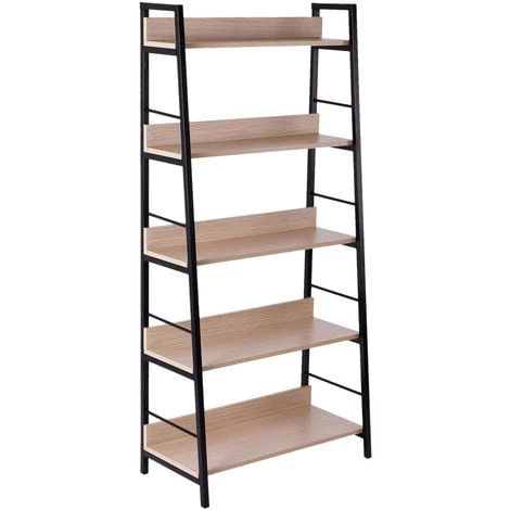 HOMCOM Étagère Bibliothèque Style Industriel Incliné 5 Niveaux 70L X 35l X 150H Cm Coloris Chêne Clair Noir - Beige 6 HOMCOM Étagère Bibliothèque Style Industriel Incliné 5 Niveaux 70L X 35l X 150H Cm Coloris Chêne Clair Noir - Beige – Image 4
