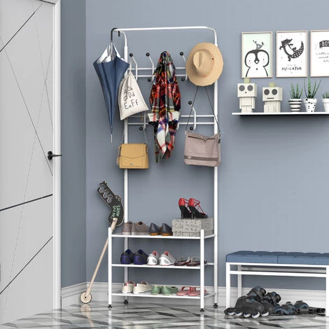 HOMCOM Portant Vêtement Porte-manteaux Vestiaire D'entrée Style Contemporain Multi-rangements 67L X 30l X 185H Cm Blanc - Blanc 4 HOMCOM Portant Vêtement Porte-manteaux Vestiaire D'entrée Style Contemporain Multi-rangements 67L X 30l X 185H Cm Blanc - Blanc – Image 2