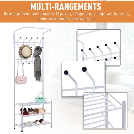 HOMCOM Portant Vêtement Porte-manteaux Vestiaire D'entrée Style Contemporain Multi-rangements 67L X 30l X 185H Cm Blanc - Blanc 7 HOMCOM Portant Vêtement Porte-manteaux Vestiaire D'entrée Style Contemporain Multi-rangements 67L X 30l X 185H Cm Blanc - Blanc – Image 5
