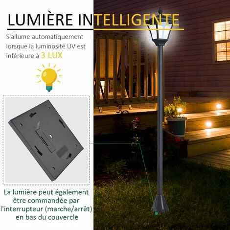HOMCOM Outsunny Luminaire Extérieur Solaire Lampadaire Lanterne Classique LED 10 Lm Dim. 15L X 15l X 120H Cm Noir - Noir 7 HOMCOM Outsunny Luminaire Extérieur Solaire Lampadaire Lanterne Classique LED 10 Lm Dim. 15L X 15l X 120H Cm Noir - Noir – Image 5
