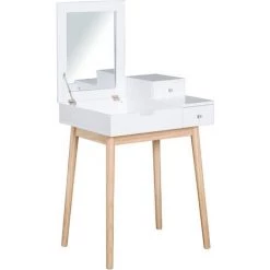 HOMCOM Coiffeuse Design Scandinave Table De Maquillage Multi-rangements Miroir Pliable 60L X 50l X 86H Cm Pin Et MDF Blanc - Blanc