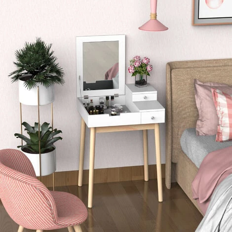 HOMCOM Coiffeuse Design Scandinave Table De Maquillage Multi-rangements Miroir Pliable 60L X 50l X 86H Cm Pin Et MDF Blanc - Blanc 4 HOMCOM Coiffeuse Design Scandinave Table De Maquillage Multi-rangements Miroir Pliable 60L X 50l X 86H Cm Pin Et MDF Blanc - Blanc – Image 2