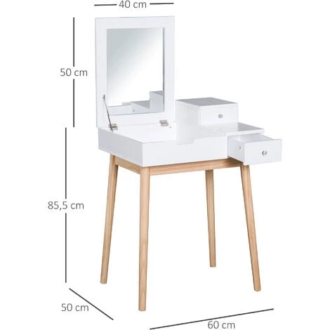 HOMCOM Coiffeuse Design Scandinave Table De Maquillage Multi-rangements Miroir Pliable 60L X 50l X 86H Cm Pin Et MDF Blanc - Blanc 5 HOMCOM Coiffeuse Design Scandinave Table De Maquillage Multi-rangements Miroir Pliable 60L X 50l X 86H Cm Pin Et MDF Blanc - Blanc – Image 3