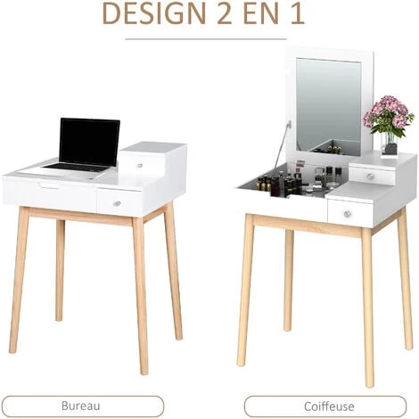 HOMCOM Coiffeuse Design Scandinave Table De Maquillage Multi-rangements Miroir Pliable 60L X 50l X 86H Cm Pin Et MDF Blanc - Blanc 6 HOMCOM Coiffeuse Design Scandinave Table De Maquillage Multi-rangements Miroir Pliable 60L X 50l X 86H Cm Pin Et MDF Blanc - Blanc – Image 4