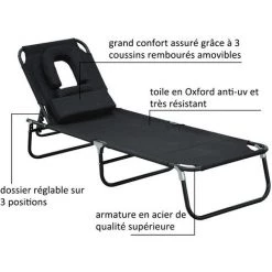 HOMCOM Transat De Jardin Chaise Longue Pliante Bain De Soleil Pour Lecture Noir - Noir 10 HOMCOM Transat De Jardin Chaise Longue Pliante Bain De Soleil Pour Lecture Noir - Noir -France HOMCOM Soldes 2022 806312 4