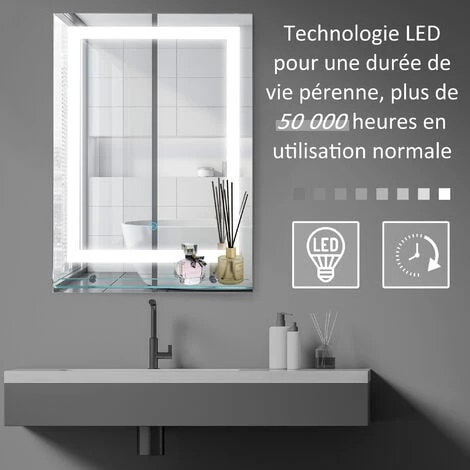HOMCOM Miroir Lumineux LED 22 W Interrupteur Tactile étagère Intégrée 50L X 4l X 70H Cm - Blanc 7 HOMCOM Miroir Lumineux LED 22 W Interrupteur Tactile étagère Intégrée 50L X 4l X 70H Cm - Blanc â Image 5