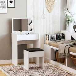 HOMCOM Coiffeuse Table De Maquillage Avec Tabouret Miroir Rabattable 9 + 1 Compartiments Intégrés 60L X 40l X 79H Cm Blanc Noir - Blanc -France HOMCOM Soldes 2022 8505276 4