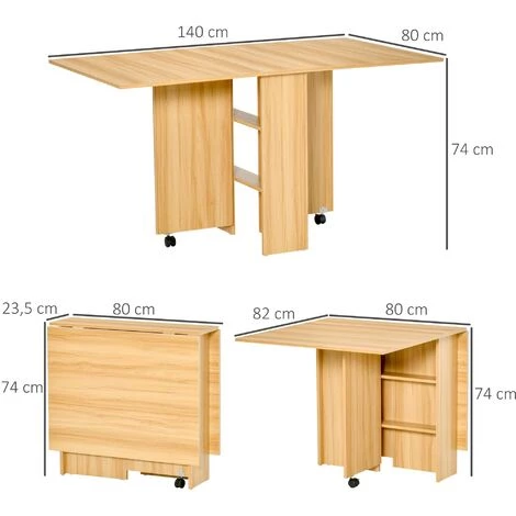HOMCOM Table De Cuisine Salon Pliable Mobile Sur Roulettes 140L X 80l X 74H Cm 2 étagères Intégrées Coloris Chêne - Marron 5 HOMCOM Table De Cuisine Salon Pliable Mobile Sur Roulettes 140L X 80l X 74H Cm 2 étagères Intégrées Coloris Chêne - Marron – Image 3