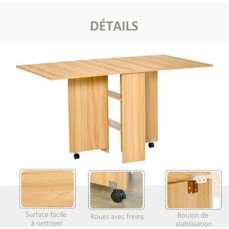 HOMCOM Table De Cuisine Salon Pliable Mobile Sur Roulettes 140L X 80l X 74H Cm 2 étagères Intégrées Coloris Chêne - Marron 7 HOMCOM Table De Cuisine Salon Pliable Mobile Sur Roulettes 140L X 80l X 74H Cm 2 étagères Intégrées Coloris Chêne - Marron – Image 5