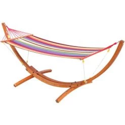 HOMCOM Hamac De Jardin Avec Support En Bois Hamac Sur Pied 1 Personne Charge Max. 120 Kg - Multicolore
