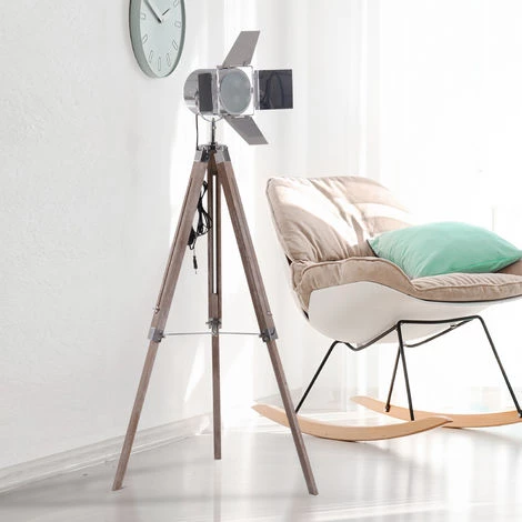 HOMCOM Lampadaire Trépied Projecteur Style Industriel Néo-rétro Hauteur Réglable 65L X 65l X 103-146H Cm Bois Acier Métalisé - Gris 4 HOMCOM Lampadaire Trépied Projecteur Style Industriel Néo-rétro Hauteur Réglable 65L X 65l X 103-146H Cm Bois Acier Métalisé - Gris – Image 2