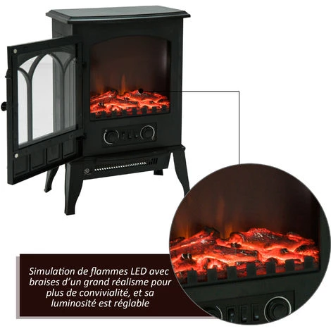 HOMCOM Cheminée électrique Poêle Style Rétro 1000-2000 W Simulation Flammes LED Porte Noir 7 HOMCOM Cheminée électrique Poêle Style Rétro 1000-2000 W Simulation Flammes LED Porte Noir – Image 5
