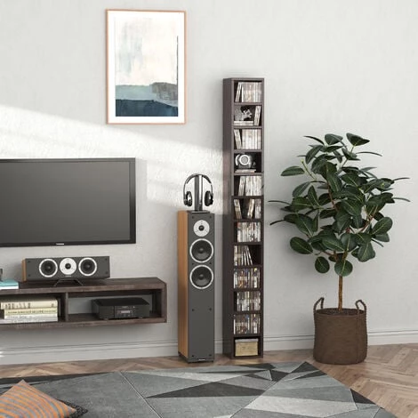 HOMCOM Étagère Colonne Armoire De Rangement CD 12 Compartiments 21L X 20l X 175H Cm Capacité Max. 204 CD Coloris Noyer Foncé - Marron 4 HOMCOM Étagère Colonne Armoire De Rangement CD 12 Compartiments 21L X 20l X 175H Cm Capacité Max. 204 CD Coloris Noyer Foncé - Marron – Image 2