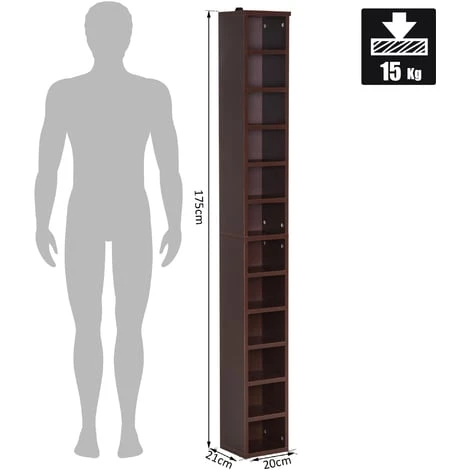 HOMCOM Étagère Colonne Armoire De Rangement CD 12 Compartiments 21L X 20l X 175H Cm Capacité Max. 204 CD Coloris Noyer Foncé - Marron 5 HOMCOM Étagère Colonne Armoire De Rangement CD 12 Compartiments 21L X 20l X 175H Cm Capacité Max. 204 CD Coloris Noyer Foncé - Marron – Image 3
