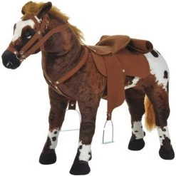 HOMCOM Cheval Debout En Peluche Effets Sonores Hennissement Et Galop Selle étrier Rênes 85L X 28l X 60H Marron Blanc - Marron