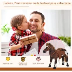 HOMCOM Cheval Debout En Peluche Effets Sonores Hennissement Et Galop Selle étrier Rênes 85L X 28l X 60H Marron Blanc - Marron -France HOMCOM Soldes 2022 9588951 4