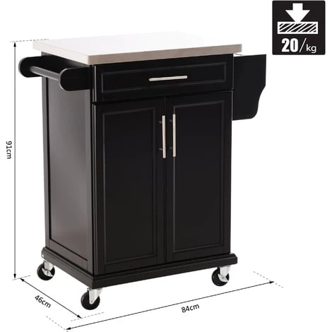 HOMCOM Chariot De Service Desserte De Cuisine à Roulettes îlot De Cuisine - Placard 2 Portes, étagères, Range Couverts Et Condiments Latéral - Plateau Acier Inox. Bois Noir - Noir 5 HOMCOM Chariot De Service Desserte De Cuisine à Roulettes îlot De Cuisine - Placard 2 Portes, étagères, Range Couverts Et Condiments Latéral - Plateau Acier Inox. Bois Noir - Noir – Image 3