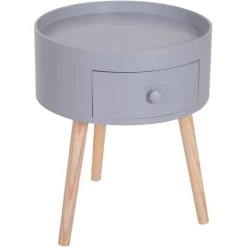HOMCOM Chevet Table De Nuit Ronde Design Scandinave Tiroir Bicolore Pieds Effilés Inclinés Bois Massif Chêne Clair Gris