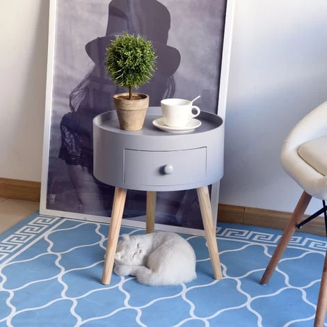 HOMCOM Chevet Table De Nuit Ronde Design Scandinave Tiroir Bicolore Pieds Effilés Inclinés Bois Massif Chêne Clair Gris 4 HOMCOM Chevet Table De Nuit Ronde Design Scandinave Tiroir Bicolore Pieds Effilés Inclinés Bois Massif Chêne Clair Gris – Image 2