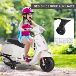 HOMCOM Scooter Moto électrique Enfants 6 V Dim. 102L X 51l X 76H Cm Musique MP3 Port USB Klaxon Phare Feu AR Blanc Vespa -France HOMCOM Soldes 2022 9758244 5