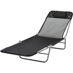 HOMCOM Chaise Longue Pliante Bain De Soleil Inclinable Transat Textilène Lit Jardin Plage 182L X 56l X 24,5H Cm Noir