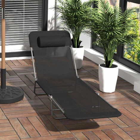 HOMCOM Chaise Longue Pliante Bain De Soleil Inclinable Transat Textilène Lit Jardin Plage 182L X 56l X 24,5H Cm Noir 4 HOMCOM Chaise Longue Pliante Bain De Soleil Inclinable Transat Textilène Lit Jardin Plage 182L X 56l X 24,5H Cm Noir – Image 2